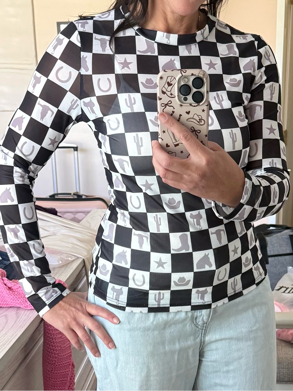 Women’s Black & White Checker Motif Long Sleeve Top
